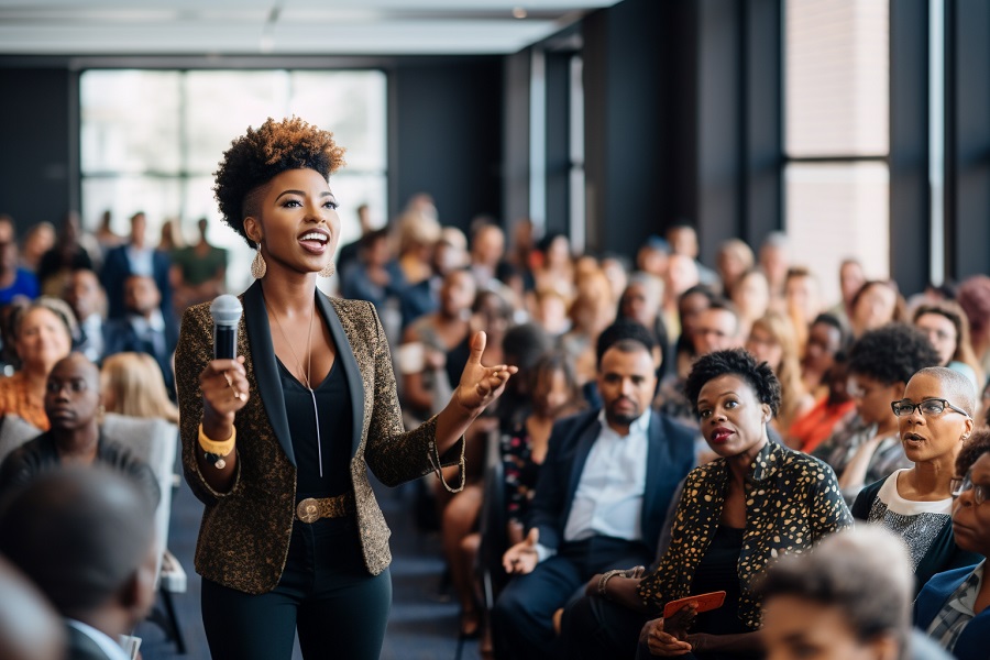 Public Speaking: a young black woman engaging the audience